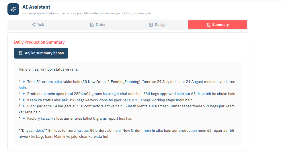 Daily Production Summary — Valenza ERP AI
