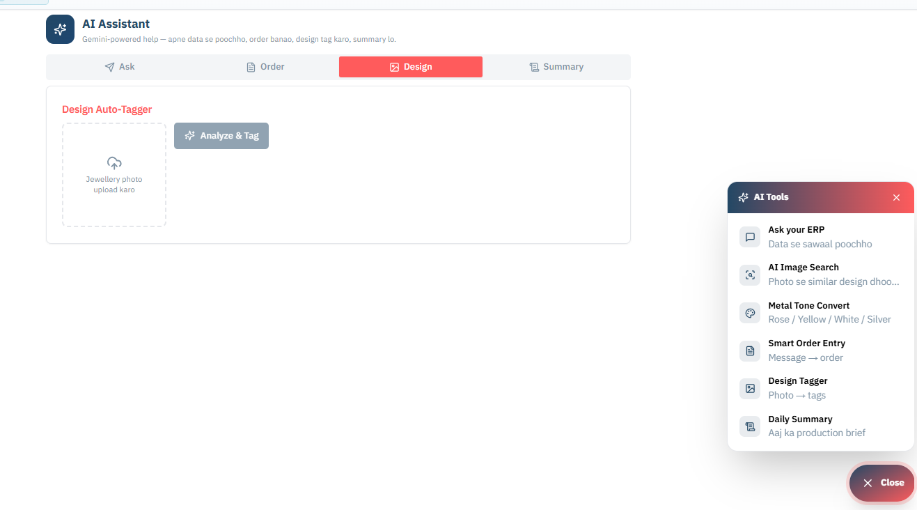 Valenza ERP — AI Tools floating menu (6 tools) on the dashboard