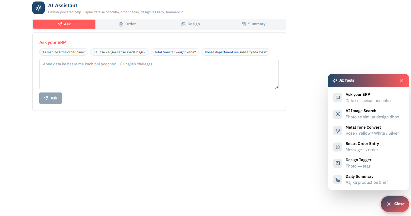 Valenza ERP — Ask your ERP in plain Hinglish with the AI Tools menu